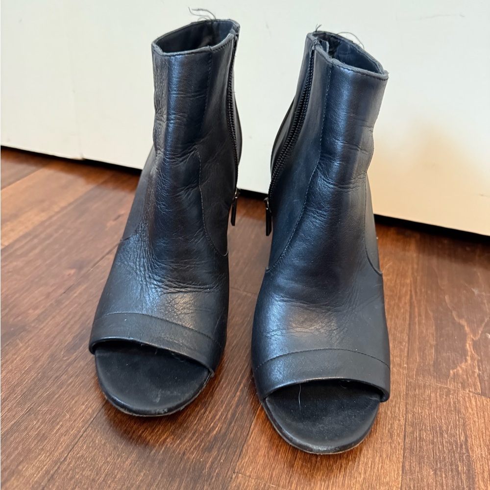 Vince Black Leather Peep-Toe Ankle Booties